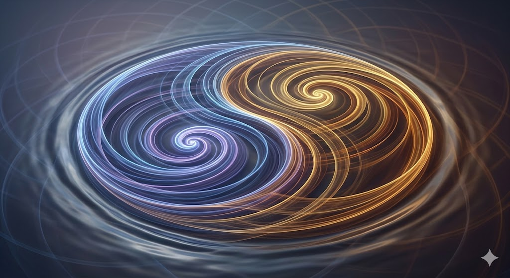 太極拳の螺旋運動「纏絲勁」をイメージした抽象的な円の表現。