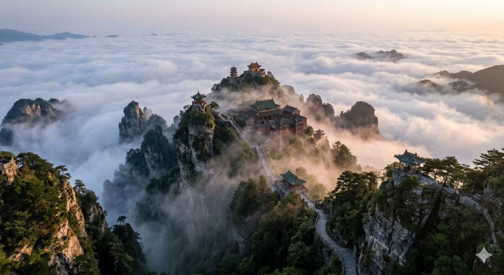 霧に包まれた神秘的な山並み。