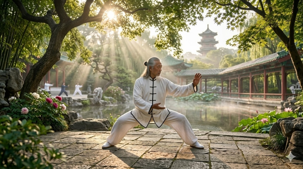 楊式太極拳の優雅で雄大な所作を披露する演武者。