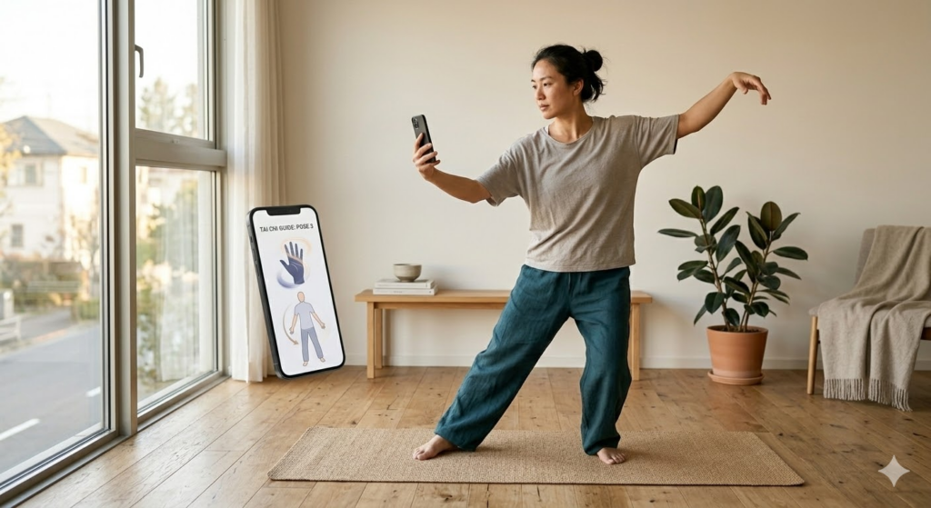 自宅で動画を見ながら太極拳を独学する初心者の様子。