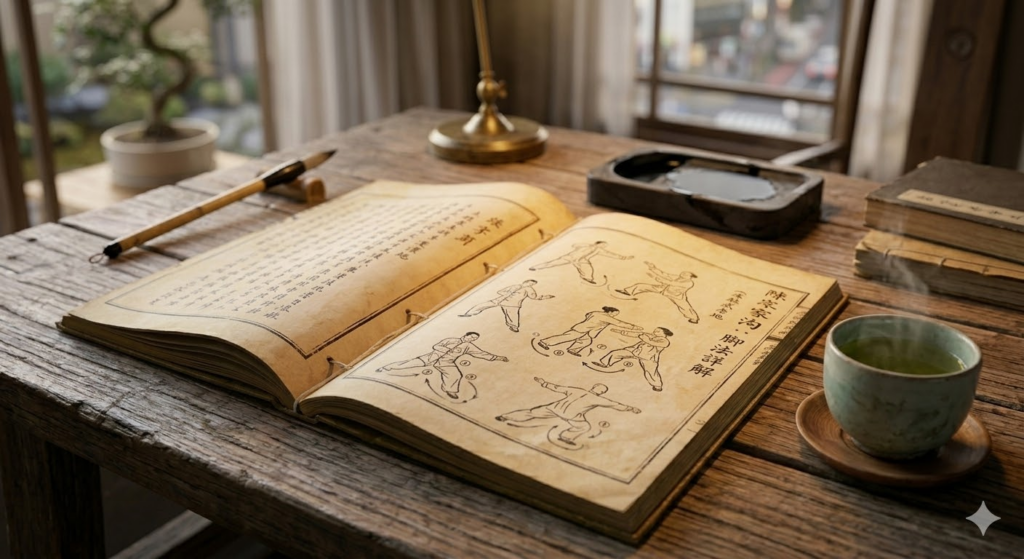 図解入りの入門書を参考に、太極拳の理論と所作を学ぶ静かな時間。