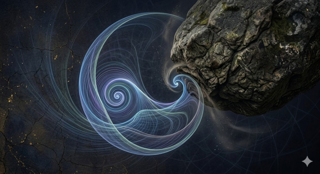 小さな力で大きな力を制する「四両撥千斤」の概念を表現したアートワーク。