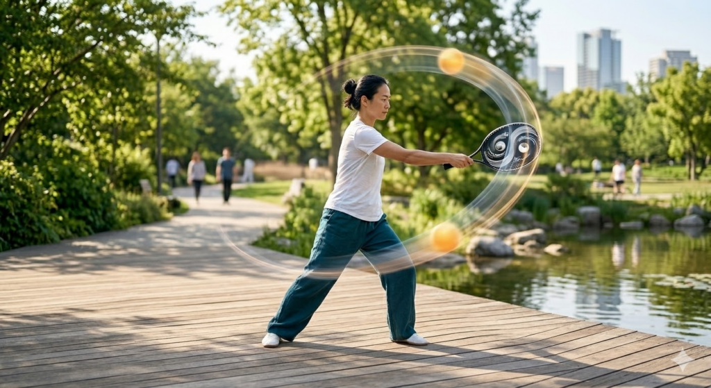 太極拳の理論に基づいた現代スポーツ、太極柔力球の演武風景。