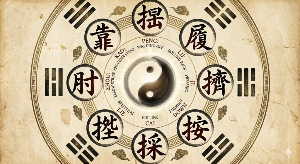 太極拳の基本原理である「八法」を象徴するグラフィック。