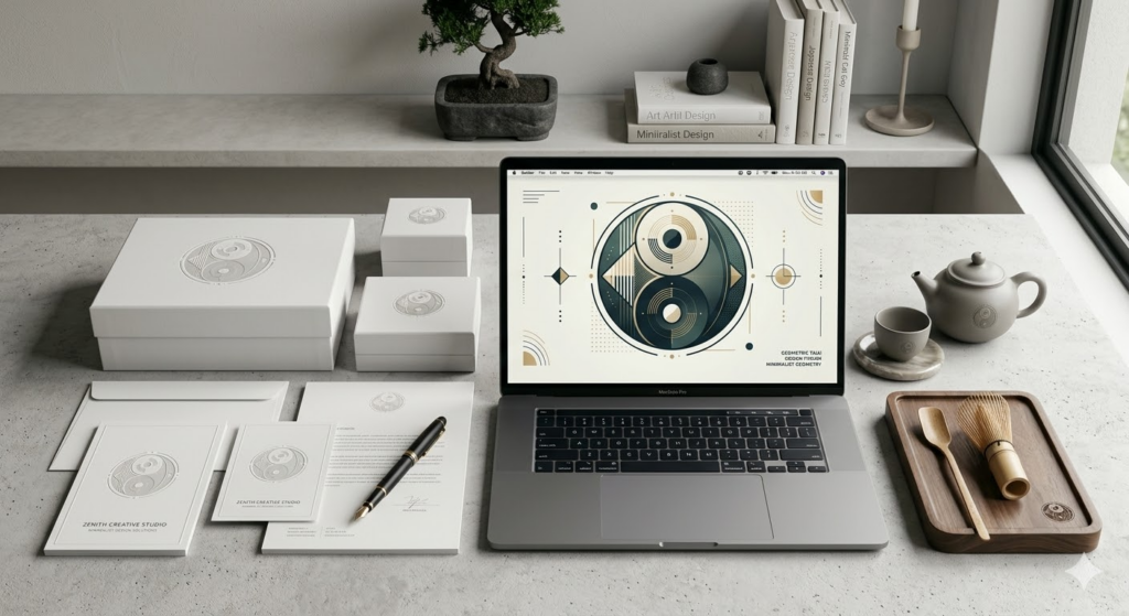 ブランディングに応用された、抽象的で洗練された太極モチーフのロゴ。