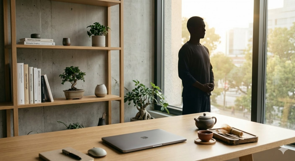 集中力を高めるために自宅で立禅を行う人物の静かな佇まい。