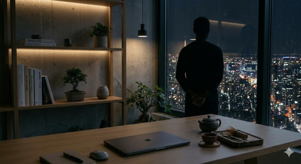 夜の休息として立禅を取り入れ、思考を整理する所作。