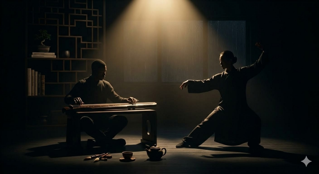 伝統楽器の生演奏と共に披露される、静謐な太極拳の演武。