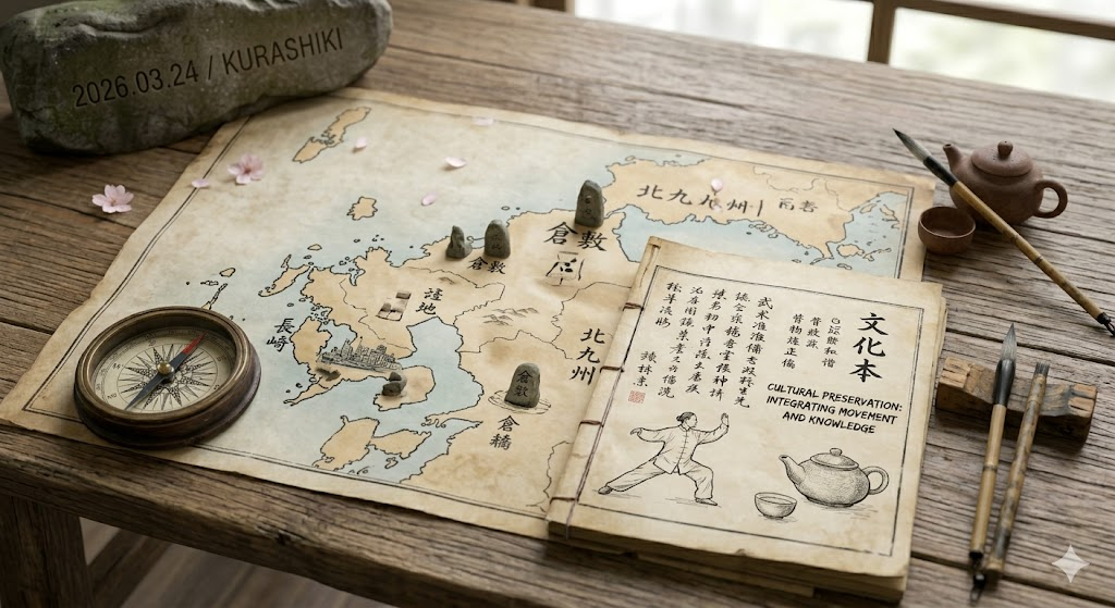 知的な旅の準備を象徴する、書物と地図の静物。