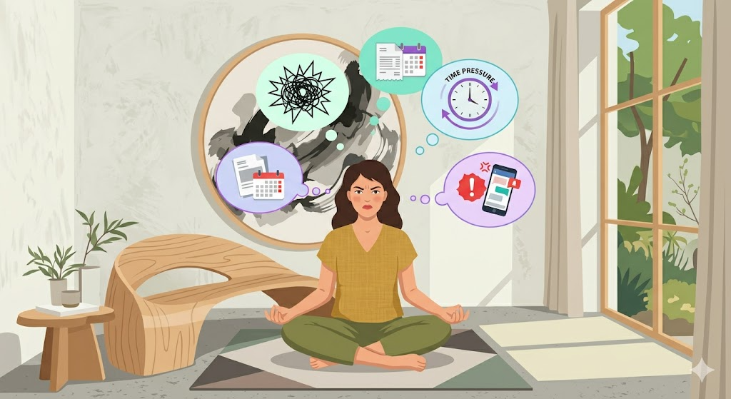 静かな和室で座禅を組もうとしているが、頭の中に多くの吹き出し(雑念)が出て困っている人のイラスト。