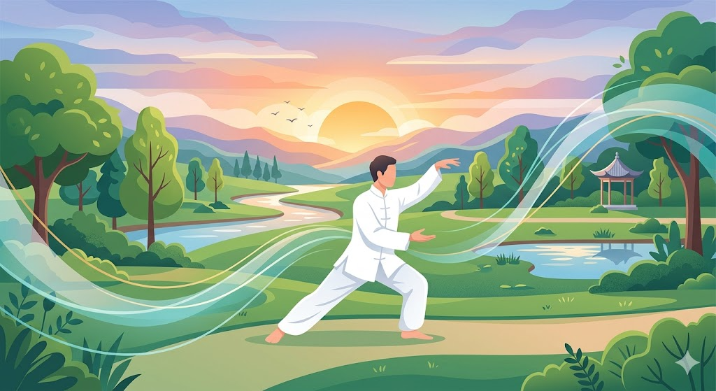 公園で太極拳を行いマインドフルネスを実践する様子