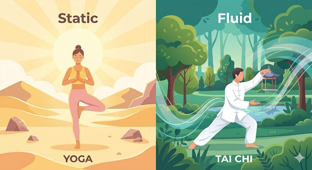 ヨガの静止ポーズと太極拳の流動的な動きの対比イメージ
