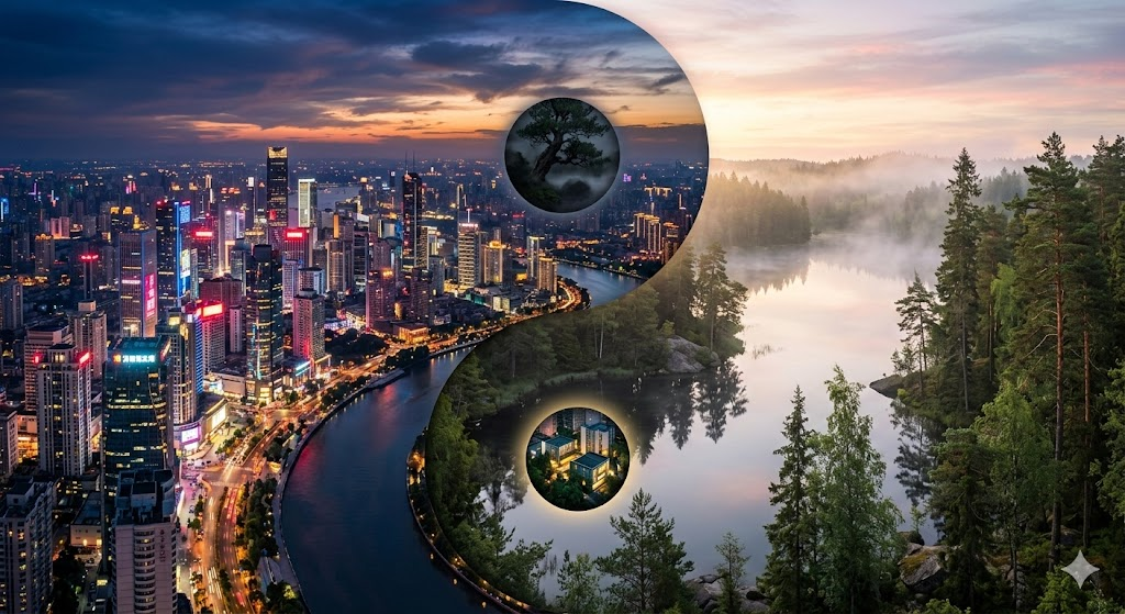 現代都市(陽)と静かな自然(陰)が太極の曲線で調和するイメージ