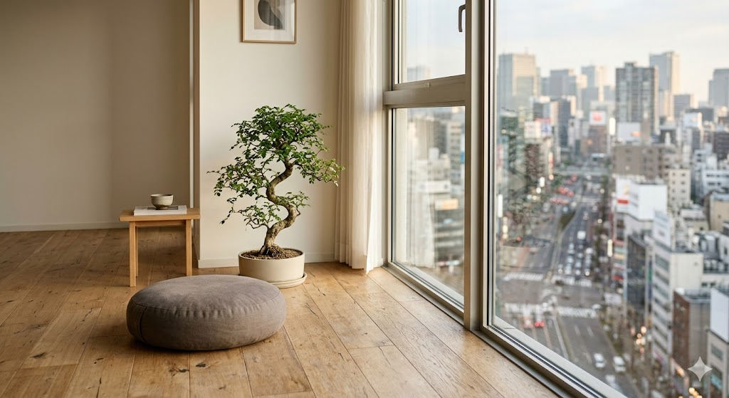 ミニマルな室内に自然光と植物を取り入れ、陰陽のバランスを整えた現代の居住空間。