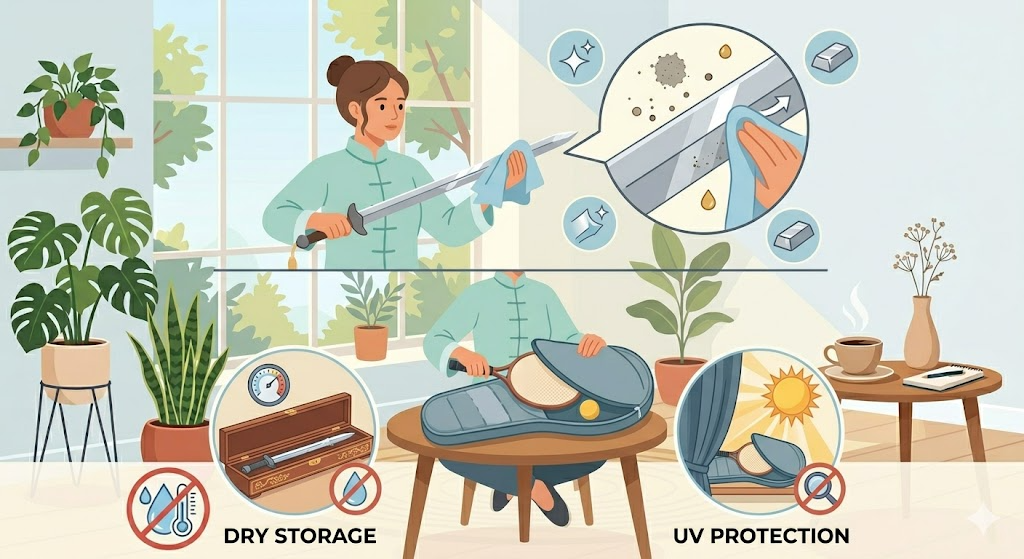太極剣の防錆やラケットの面を保護するための日常メンテナンスのイメージイラスト