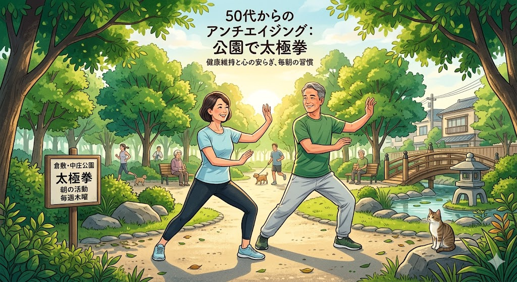 公園で太極拳を行い、アンチエイジングを実践するイメージ