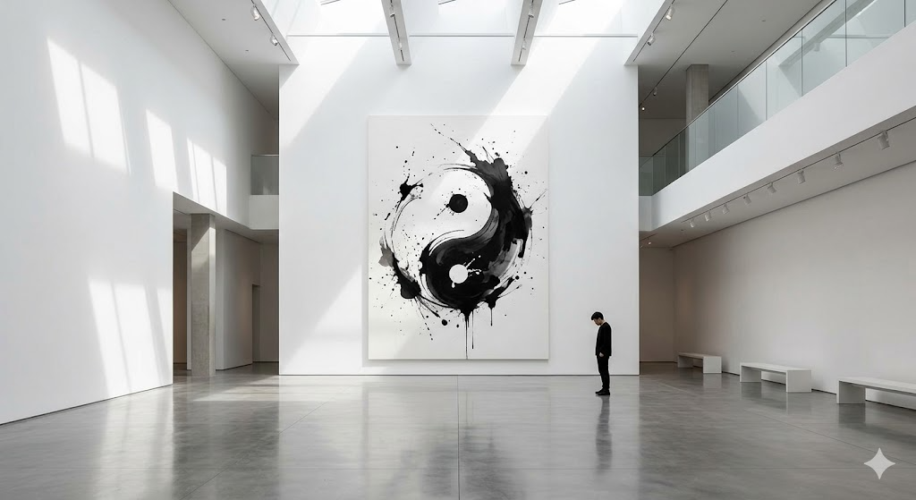 太極の陰陽を彷彿とさせる現代的な抽象アートの展示空間