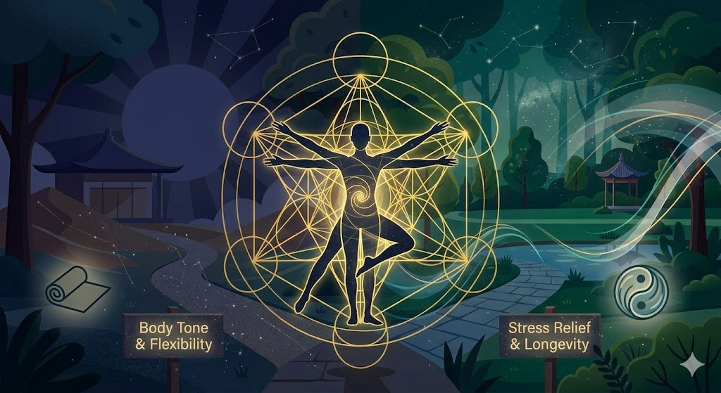 人体の動きと調和する幾何学的な円と螺旋の軌道