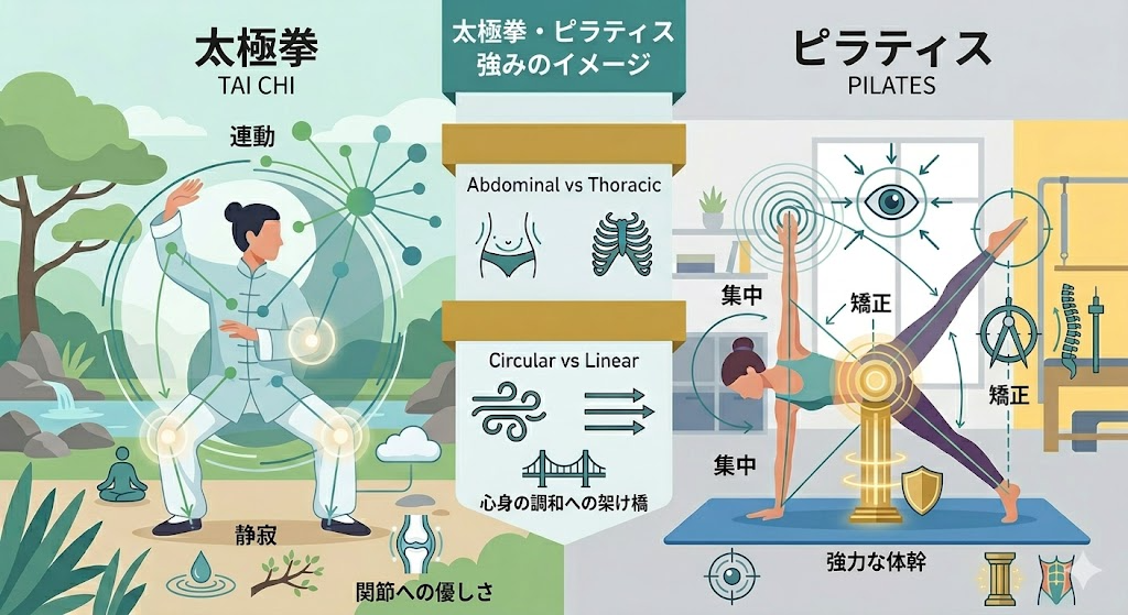 太極拳の「静寂・連動・関節への優しさ」と、ピラティスの「集中・矯正・強力な体幹」というそれぞれの強み